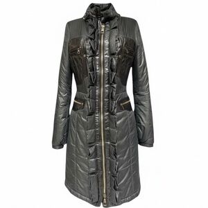 Weber Black Quilted Leather-Inset Ruffle Long Coat – Size 44 (Fits Small) Luxury